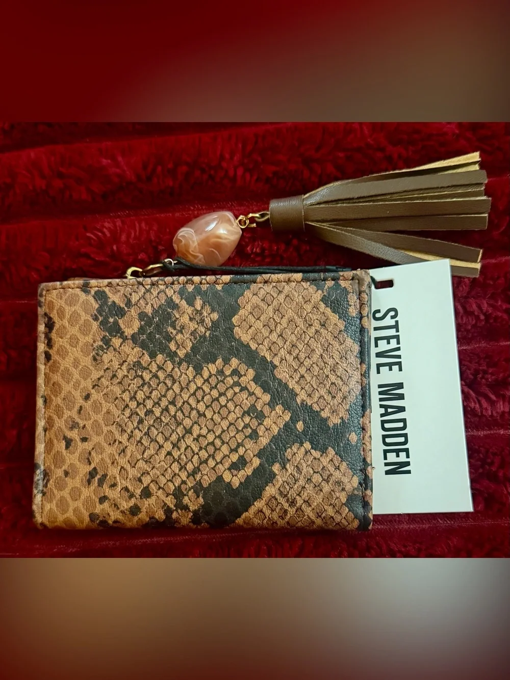 Steve Madden Tan and Black Snake-Print Tassel Card Holder